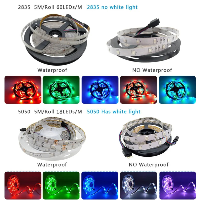 LED Strip Light RGB 5050 2835 Flexible Ribbon Wifi Bluetooth 12V Led Strip 20M 5M 10M 15M Waterproof Tape Diode+Control+Adapter