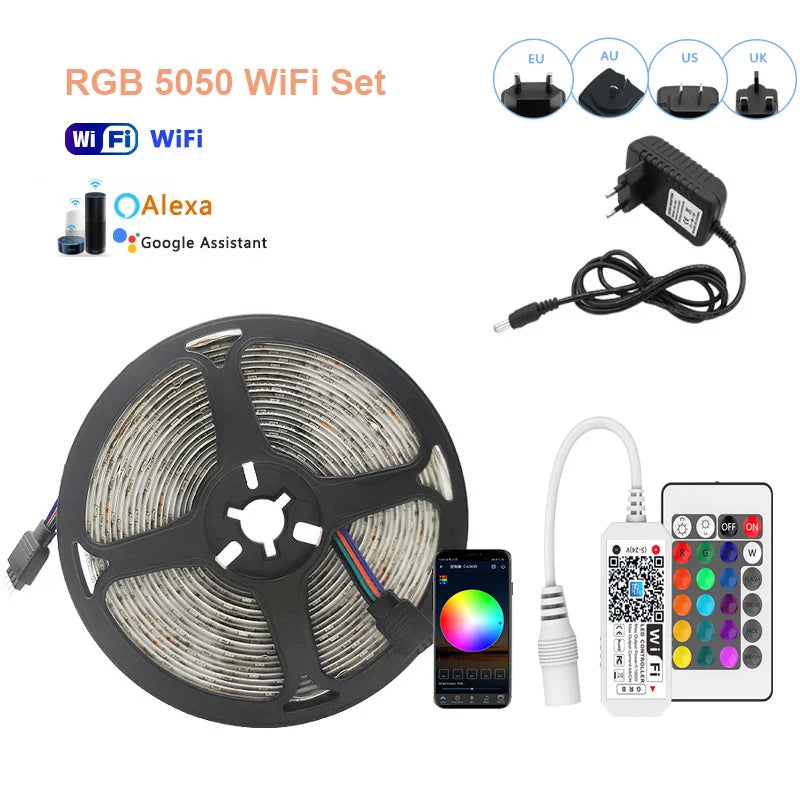 LED Strip Light RGB 5050 2835 Flexible Ribbon Wifi Bluetooth 12V Led Strip 20M 5M 10M 15M Waterproof Tape Diode+Control+Adapter