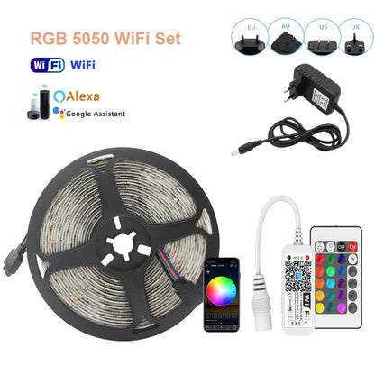 LED Strip Light RGB 5050 2835 Flexible Ribbon Wifi Bluetooth 12V Led Strip 20M 5M 10M 15M Waterproof Tape Diode+Control+Adapter