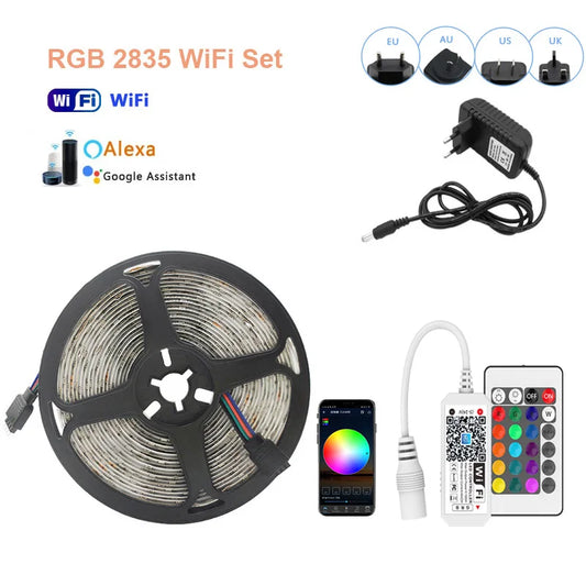 LED Strip Light RGB 5050 2835 Flexible Ribbon Wifi Bluetooth 12V Led Strip 20M 5M 10M 15M Waterproof Tape Diode+Control+Adapter